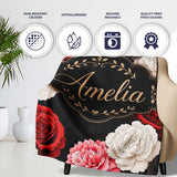 Elegant Rose Floral Seamless Pattern in Red Black and White Lovely  Personalised Custom Name Super Soft Fleece Blanket Bed Sofa Throw