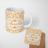 Personalized Custom Name Watercolor Pumpkins Autumn Harvest Seamless Pattern Fall Season 11oz Ceramic Coffee Tea Mug White Large Handle