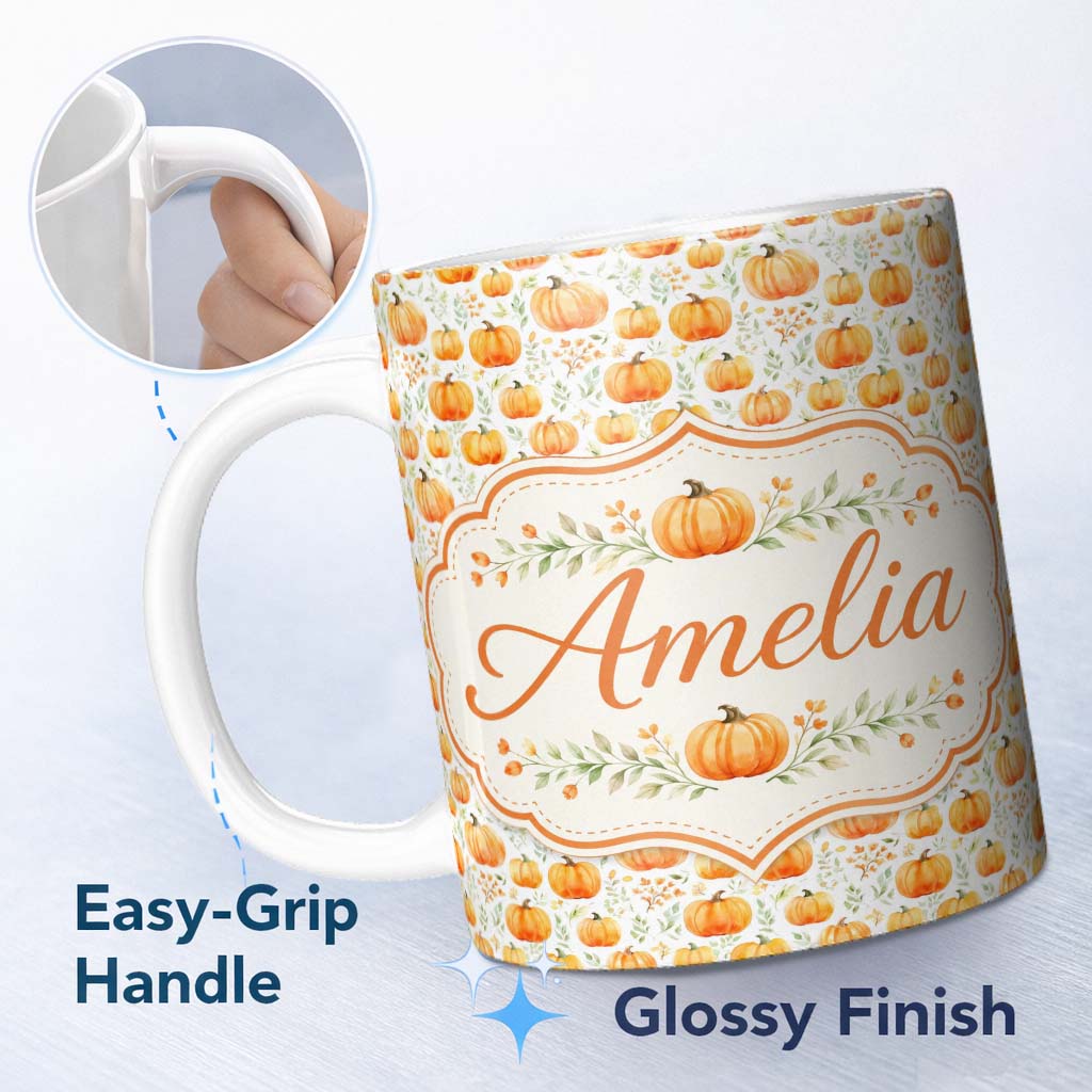 Personalized Custom Name Watercolor Pumpkins Autumn Harvest Seamless Pattern Fall Season 11oz Ceramic Coffee Tea Mug White Large Handle