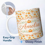 Personalized Custom Name Watercolor Pumpkins Autumn Harvest Seamless Pattern Fall Season 11oz Ceramic Coffee Tea Mug White Large Handle