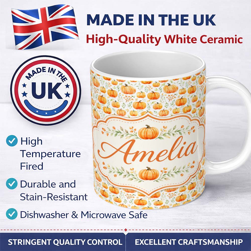 Personalized Custom Name Watercolor Pumpkins Autumn Harvest Seamless Pattern Fall Season 11oz Ceramic Coffee Tea Mug White Large Handle