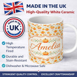Personalized Custom Name Watercolor Pumpkins Autumn Harvest Seamless Pattern Fall Season 11oz Ceramic Coffee Tea Mug White Large Handle
