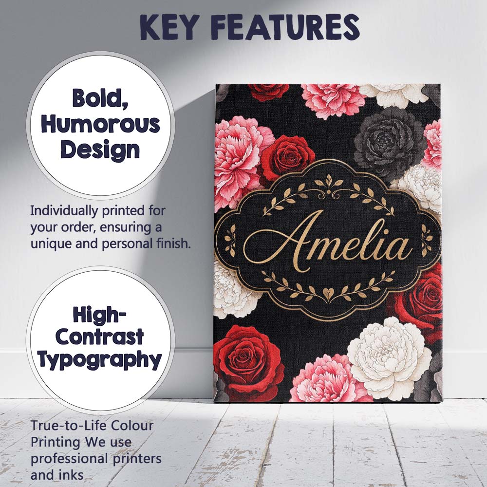 Personalised Name Elegant Rose Floral Custom Modern Room Accent Creative Decorator Style Canvas Wall Art Print Decor Picture Ready to Hang