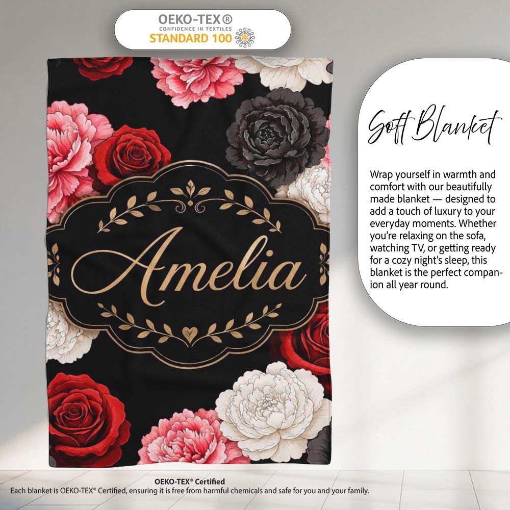 Elegant Rose Floral Seamless Pattern in Red Black and White Lovely  Personalised Custom Name Super Soft Fleece Blanket Bed Sofa Throw