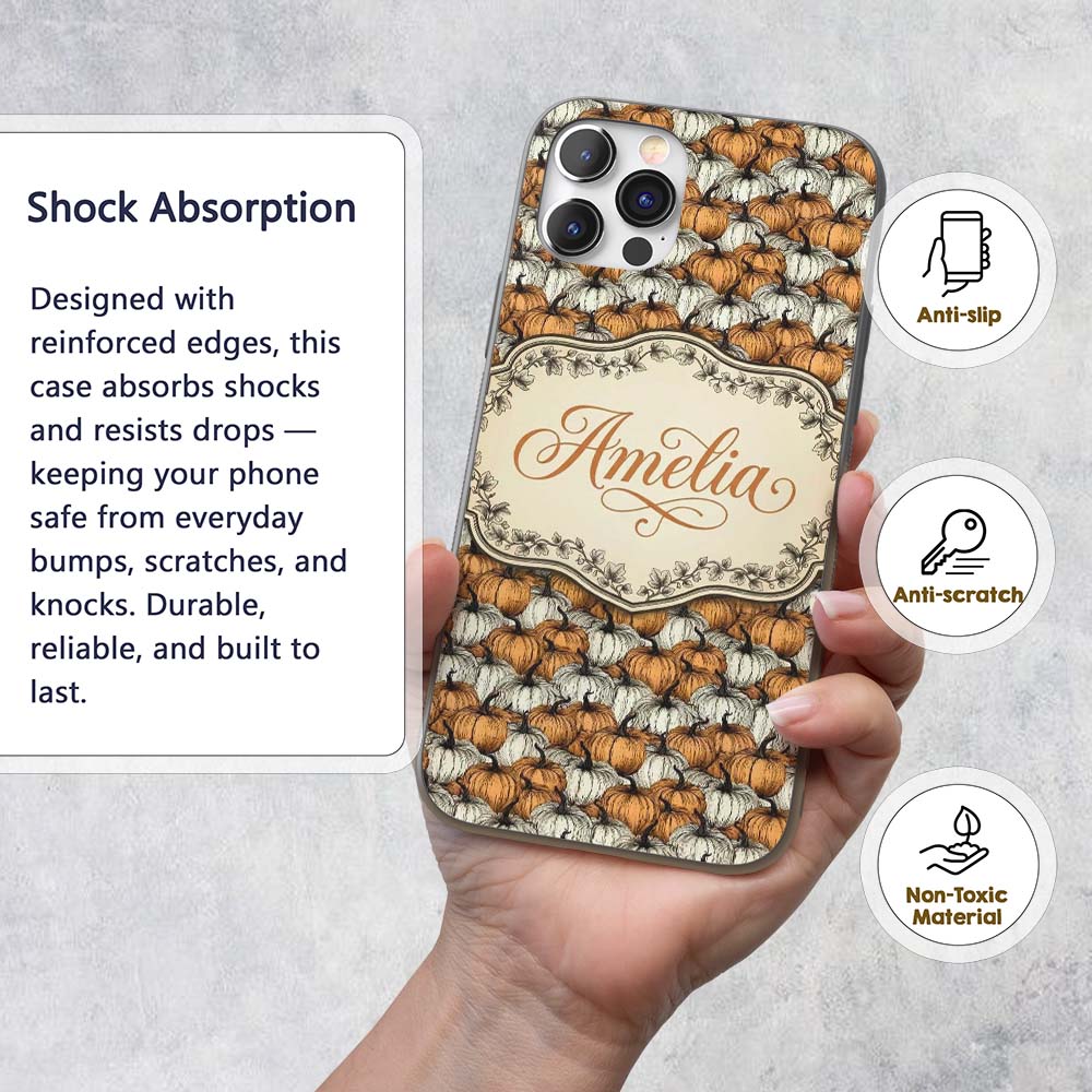 Rustic Pumpkin Patch Seamless Pattern Autumn Custom Name Protective Phone Case Mobile Cover Durable Everyday Smartphone Shock Resistant