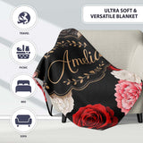 Elegant Rose Floral Seamless Pattern in Red Black and White Lovely  Personalised Custom Name Super Soft Fleece Blanket Bed Sofa Throw