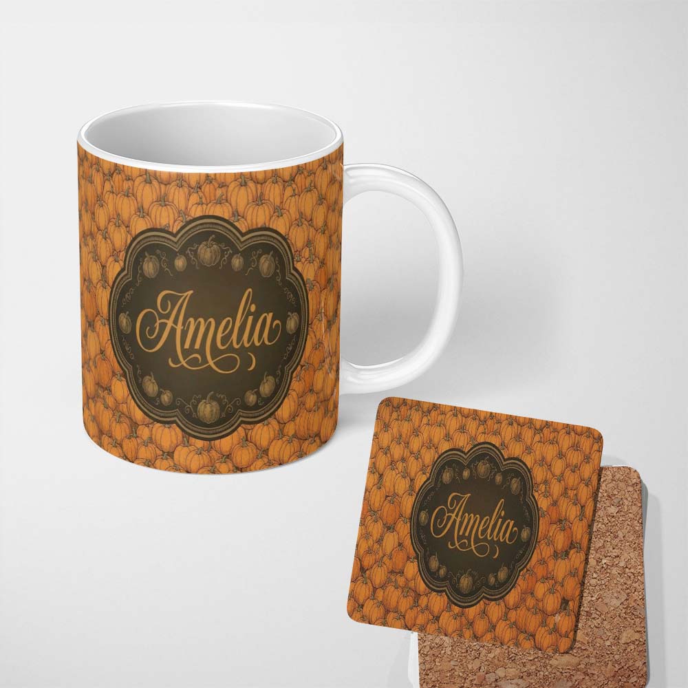 Personalized Custom Name Realistic Orange Pumpkins Seamless Pattern Harvest Season Custom 11oz Ceramic Coffee Tea Mug White Large Handle