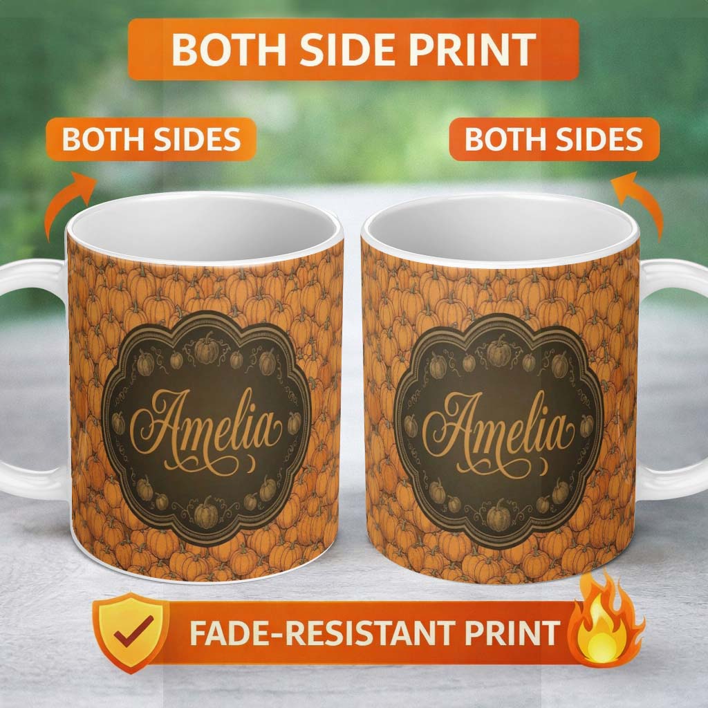 Personalized Custom Name Realistic Orange Pumpkins Seamless Pattern Harvest Season Custom 11oz Ceramic Coffee Tea Mug White Large Handle