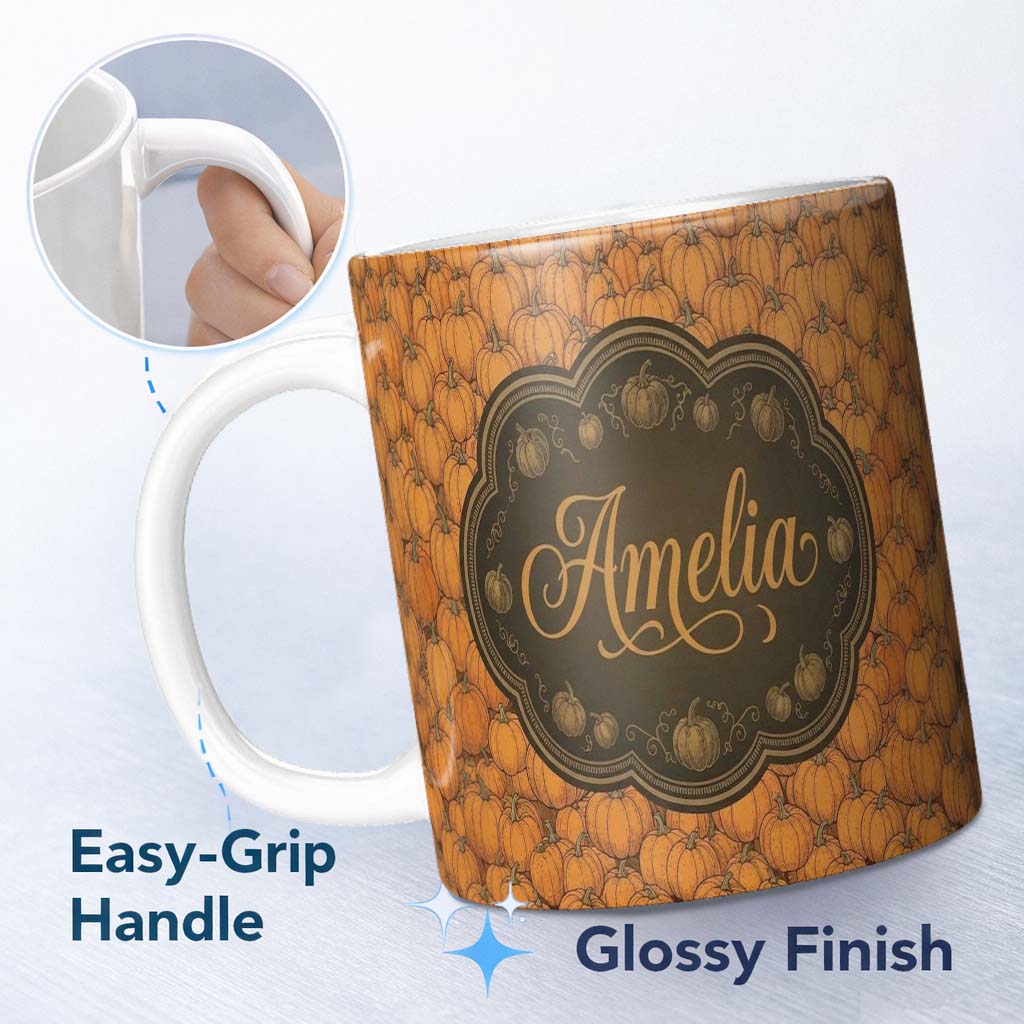 Personalized Custom Name Realistic Orange Pumpkins Seamless Pattern Harvest Season Custom 11oz Ceramic Coffee Tea Mug White Large Handle