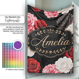 Elegant Rose Floral Seamless Pattern in Red Black and White Lovely  Personalised Custom Name Super Soft Fleece Blanket Bed Sofa Throw