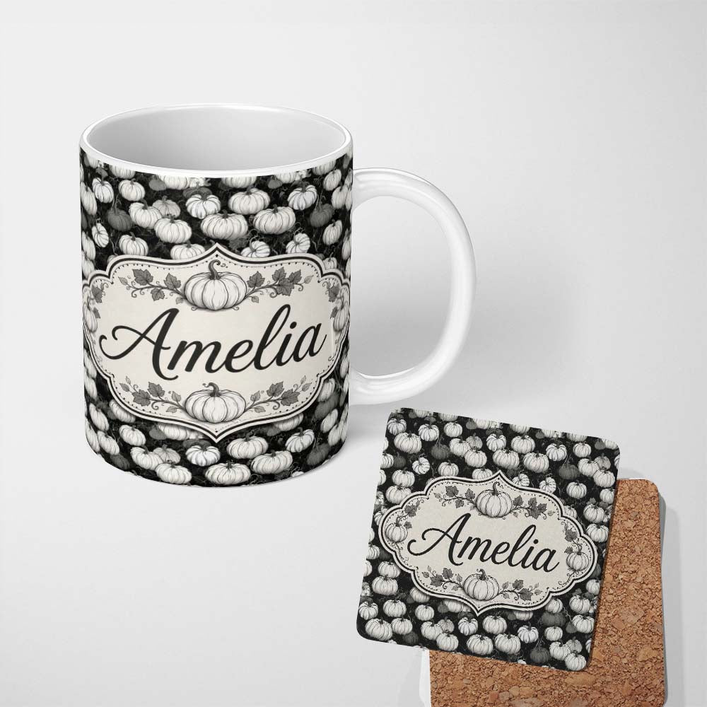 Personalized Custom Name Monochrome Pumpkin Pattern Seamless Design Halloween Theme Name Cute 11oz Ceramic Coffee Tea Mug White Large Handle