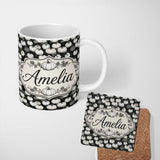 Personalized Custom Name Monochrome Pumpkin Pattern Seamless Design Halloween Theme Name Cute 11oz Ceramic Coffee Tea Mug White Large Handle