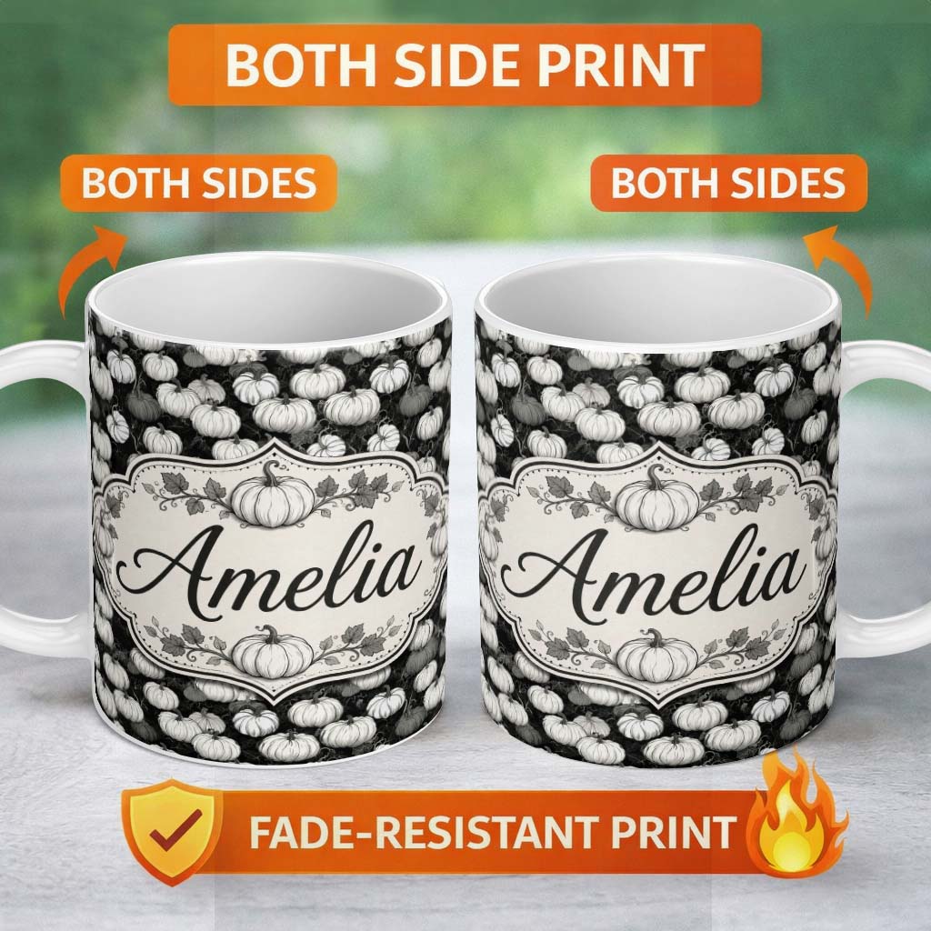 Personalized Custom Name Monochrome Pumpkin Pattern Seamless Design Halloween Theme Name Cute 11oz Ceramic Coffee Tea Mug White Large Handle