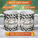 Personalized Custom Name Monochrome Pumpkin Pattern Seamless Design Halloween Theme Name Cute 11oz Ceramic Coffee Tea Mug White Large Handle