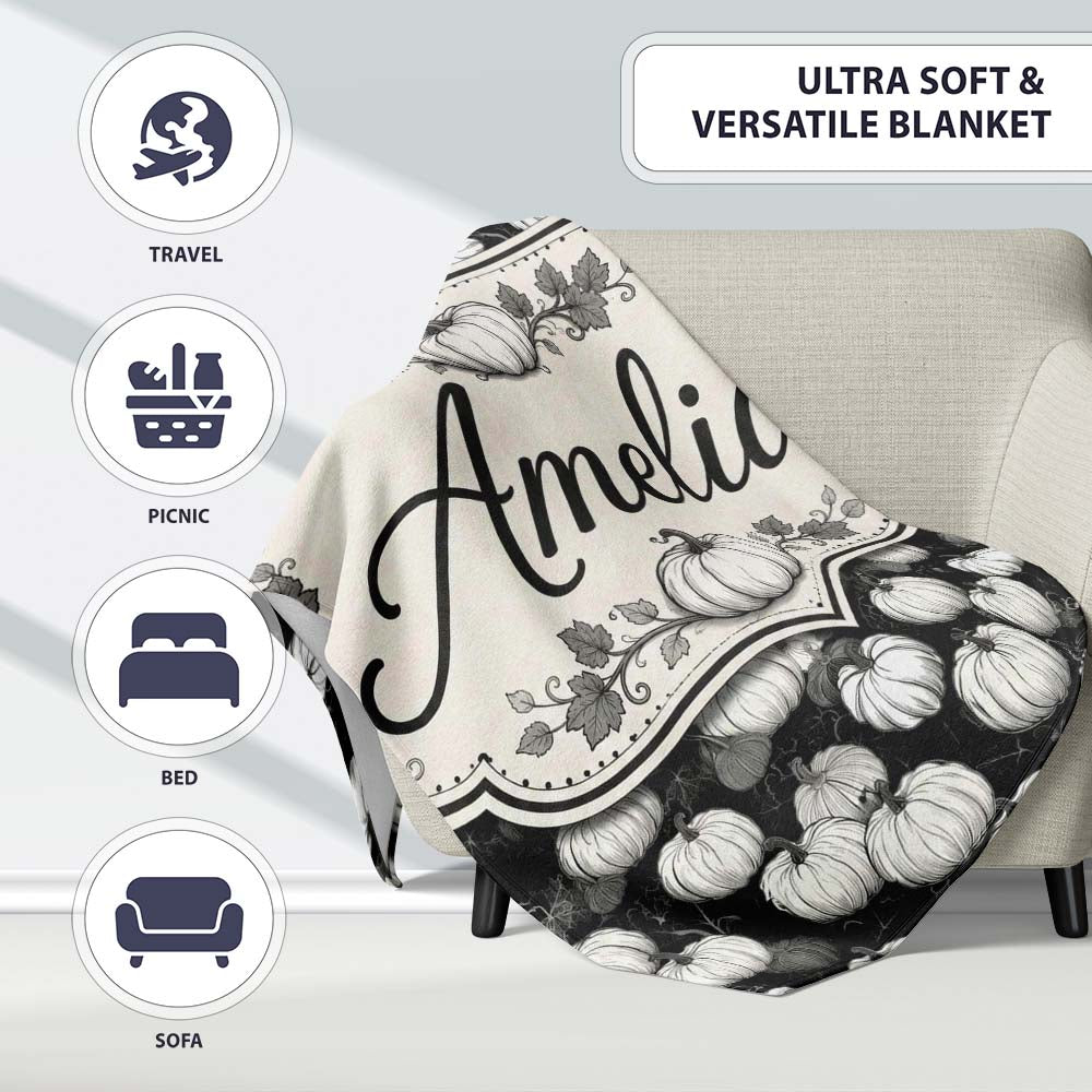 Monochrome Pumpkin Pattern Seamless Design Halloween Theme Name Cute  Personalised Custom Name Super Soft Fleece Blanket Bed Sofa Throw