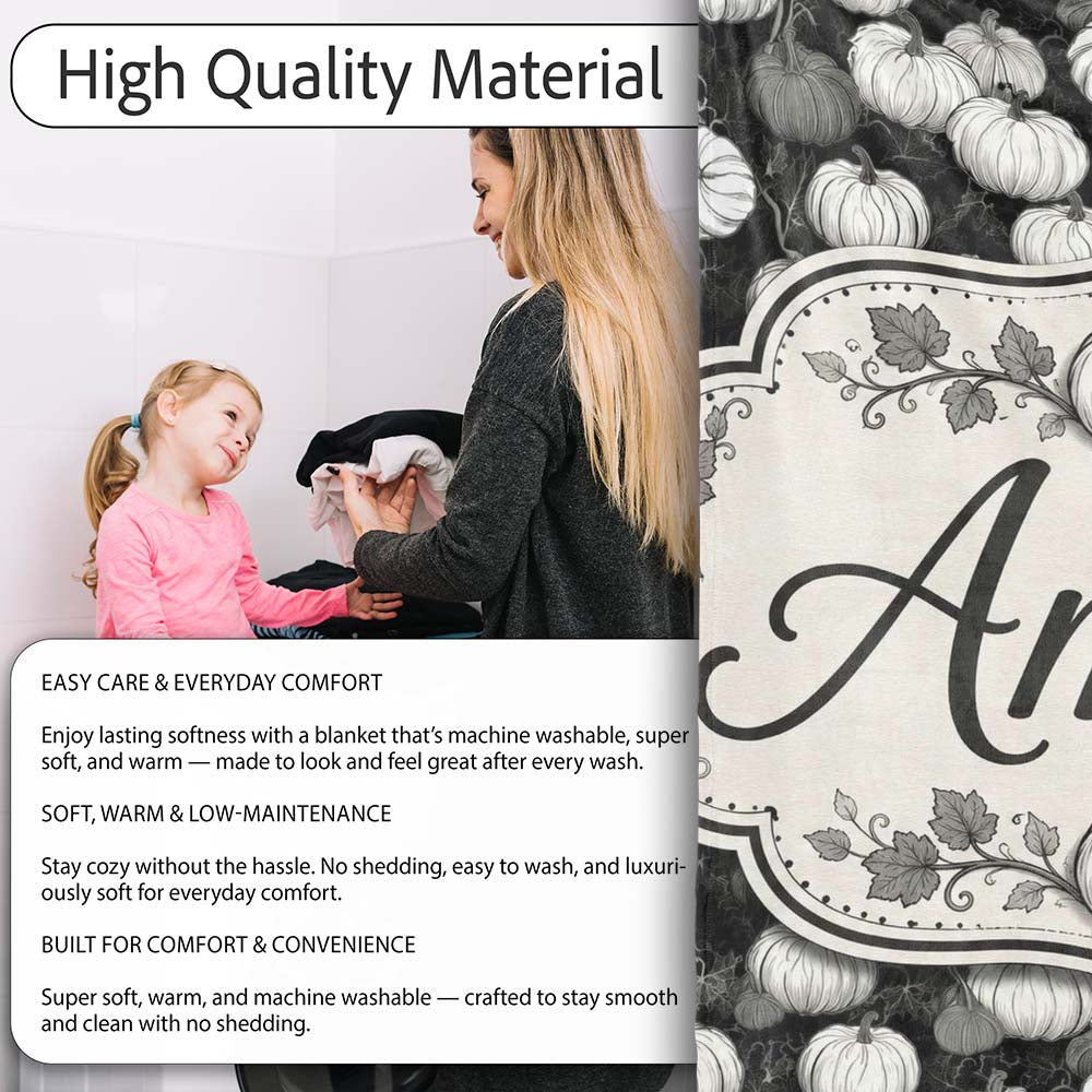 Monochrome Pumpkin Pattern Seamless Design Halloween Theme Name Cute  Personalised Custom Name Super Soft Fleece Blanket Bed Sofa Throw
