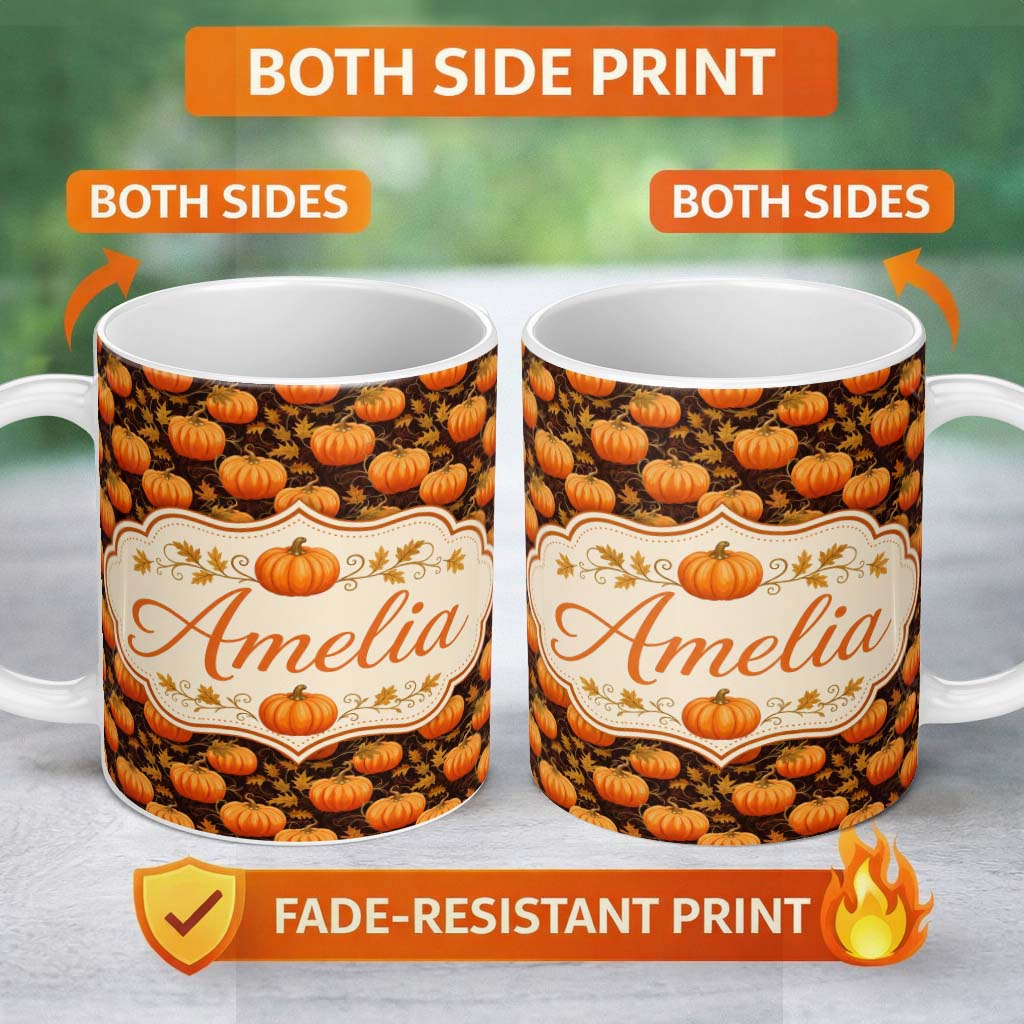 Personalized Custom Name Autumn Pumpkins and Falling Leaves Seamless Pattern Dark Background 11oz Ceramic Coffee Tea Mug White Large Handle