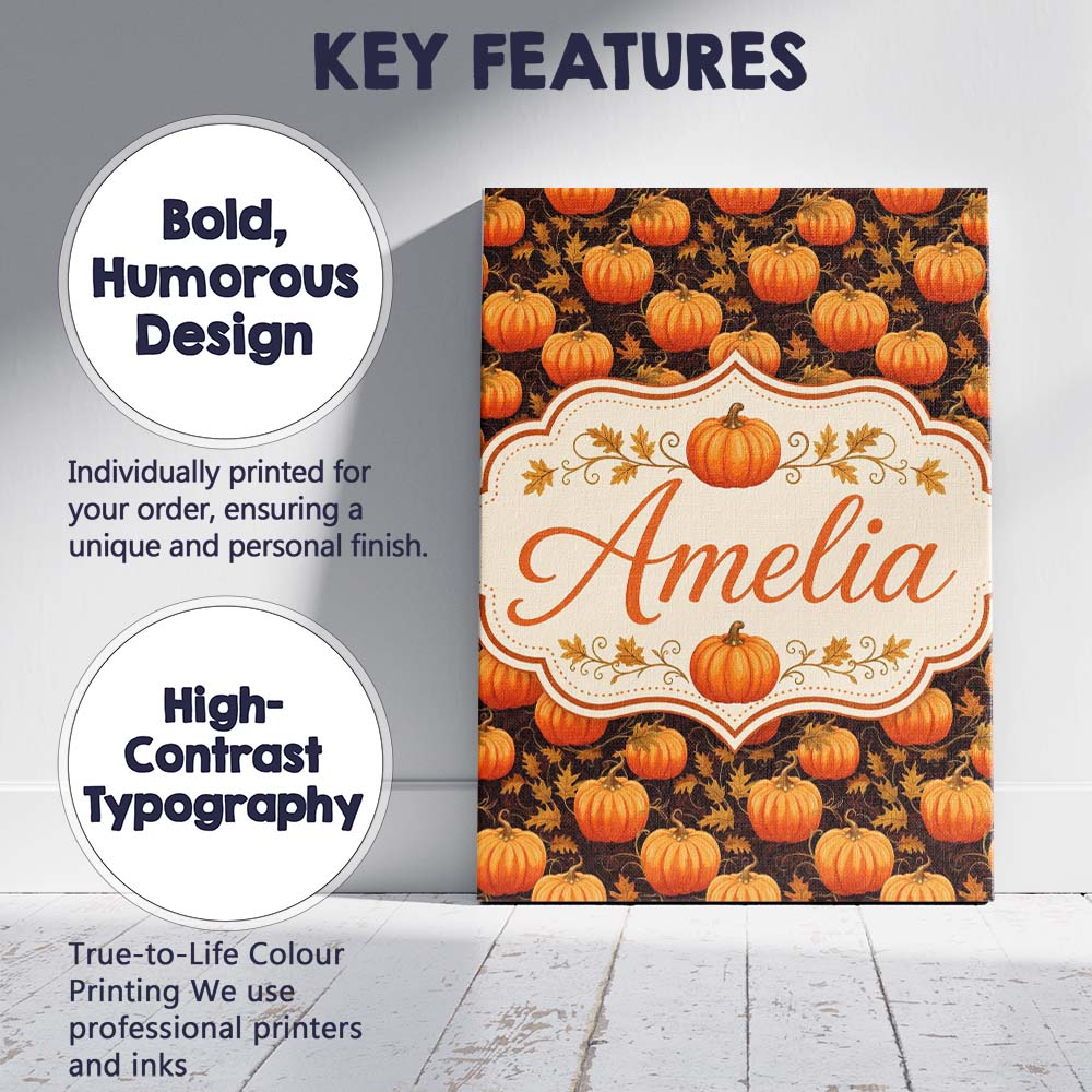 Personalised Name Autumn Pumpkins and Custom Modern Room Accent Creative Decorator Style Canvas Wall Art Print Decor Picture Ready to Hang