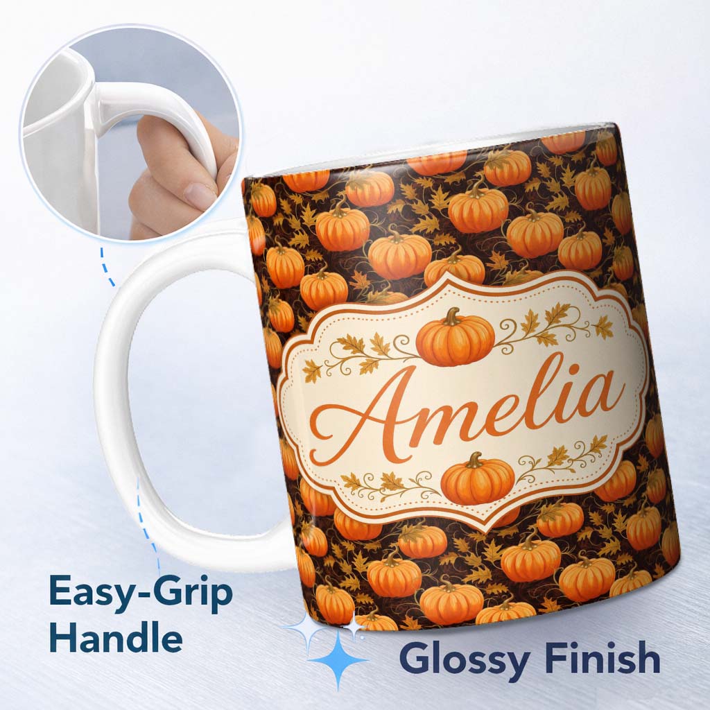 Personalized Custom Name Autumn Pumpkins and Falling Leaves Seamless Pattern Dark Background 11oz Ceramic Coffee Tea Mug White Large Handle