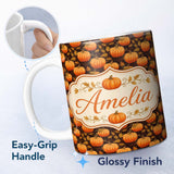 Personalized Custom Name Autumn Pumpkins and Falling Leaves Seamless Pattern Dark Background 11oz Ceramic Coffee Tea Mug White Large Handle