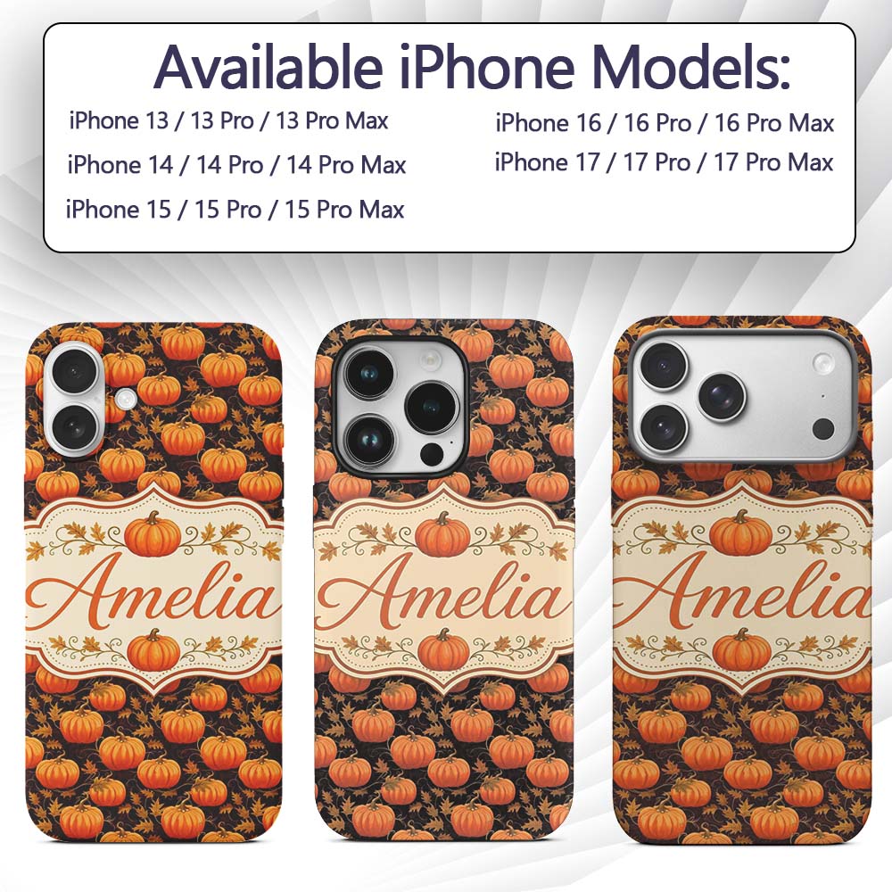 Autumn Pumpkins and Falling Leaves Printed Design Custom Name Protective Phone Case Mobile Cover Durable Everyday Smartphone Shock Resistant