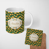 Personalized Custom Name Golden Pumpkin Harvest with Swirling Vines Seamless Green 11oz Ceramic Coffee Tea Mug White Large Handle