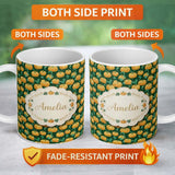 Personalized Custom Name Golden Pumpkin Harvest with Swirling Vines Seamless Green 11oz Ceramic Coffee Tea Mug White Large Handle