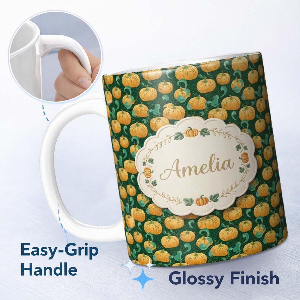Personalized Custom Name Golden Pumpkin Harvest with Swirling Vines Seamless Green 11oz Ceramic Coffee Tea Mug White Large Handle