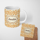 Personalized Custom Name Cute Small Pumpkins and Floral Sprigs Seamless Pattern Light 11oz Ceramic Coffee Tea Mug White Large Handle