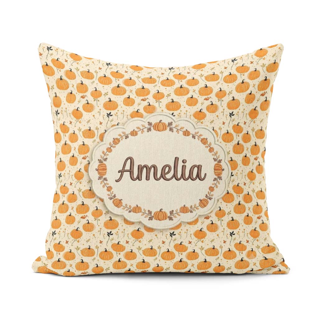 Custom Name Cute Small Pumpkins and Floral Sprigs Seamless Light Square Filled Cushion Throw Pillow Sofa Bed Home Decor Zip Washable UK Made