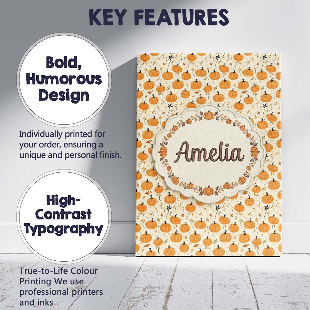 Personalised Name Cute Small Pumpkins and Custom  Unique Gift Idea Elegant Feature Canvas Wall Art Print Decor Picture Ready to Hang