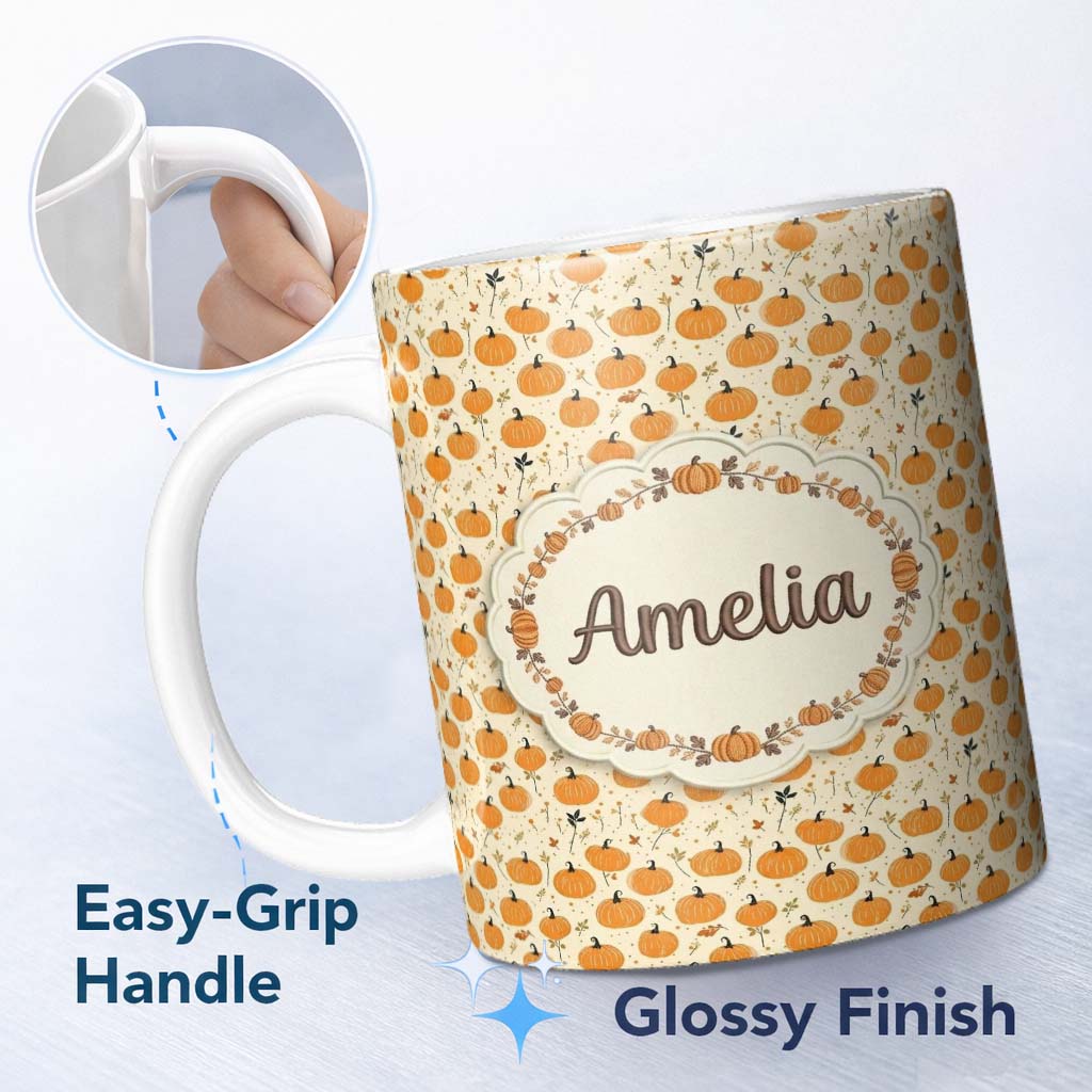 Personalized Custom Name Cute Small Pumpkins and Floral Sprigs Seamless Pattern Light 11oz Ceramic Coffee Tea Mug White Large Handle
