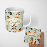 Personalized Custom Name Cute Halloween Teddy Bears Mummy Witch Cat Pumpkin Stars Sage 11oz Ceramic Coffee Tea Mug White Large Handle