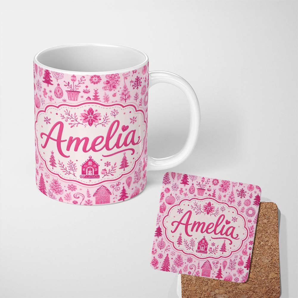 Personalized Custom Name Cute Pink Christmas Folk Art Seamless Pattern Thoughtful Gift Idea 11oz Ceramic Coffee Tea Mug White Large Handle