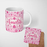 Personalized Custom Name Cute Pink Christmas Folk Art Seamless Pattern Thoughtful Gift Idea 11oz Ceramic Coffee Tea Mug White Large Handle