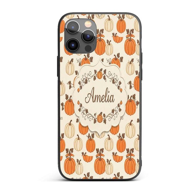 Orange and White Pumpkins with Autumn Leaves Custom Name Protective Phone Case Mobile Cover Durable Everyday Smartphone Shock Resistant