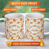 Personalized Custom Name Orange and White Pumpkins with Autumn Leaves Seamless Pattern 11oz Ceramic Coffee Tea Mug White Large Handle