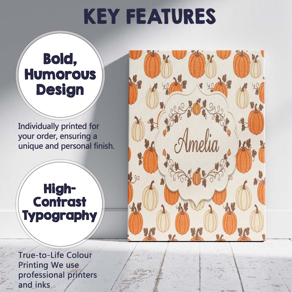 Personalised Name Orange and White Pumpkins Custom  Bespoke Interior Contemporary Canvas Wall Art Print Decor Picture Ready to Hang