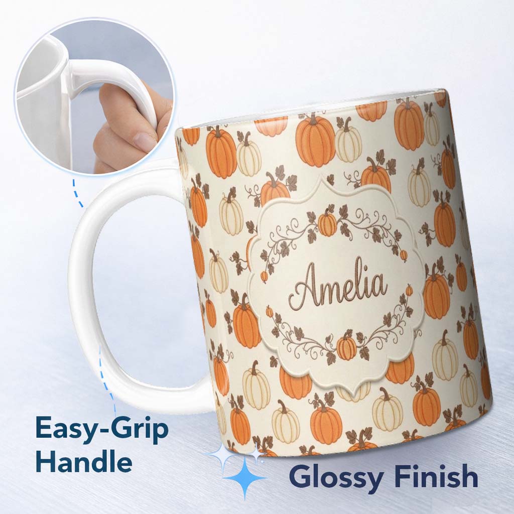 Personalized Custom Name Orange and White Pumpkins with Autumn Leaves Seamless Pattern 11oz Ceramic Coffee Tea Mug White Large Handle