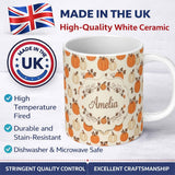 Personalized Custom Name Orange and White Pumpkins with Autumn Leaves Seamless Pattern 11oz Ceramic Coffee Tea Mug White Large Handle