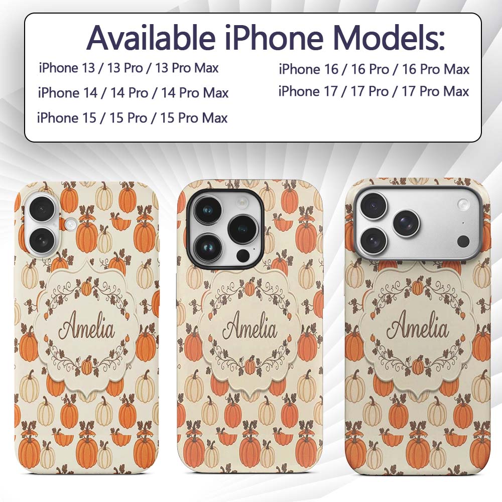 Orange and White Pumpkins with Autumn Leaves Custom Name Protective Phone Case Mobile Cover Durable Everyday Smartphone Shock Resistant