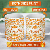 Personalized Custom Name Watercolor Pumpkins and Leaves Seamless Pattern Soft White 11oz Ceramic Coffee Tea Mug White Large Handle