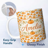 Personalized Custom Name Watercolor Pumpkins and Leaves Seamless Pattern Soft White 11oz Ceramic Coffee Tea Mug White Large Handle