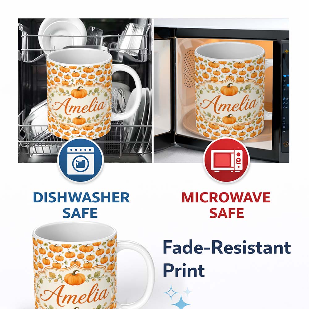 Personalized Custom Name Watercolor Pumpkins and Leaves Seamless Pattern Soft White 11oz Ceramic Coffee Tea Mug White Large Handle
