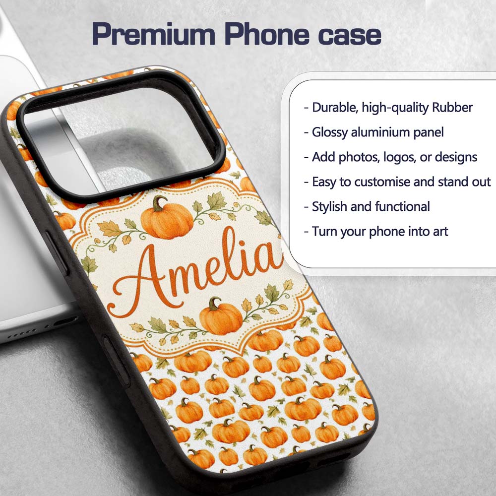 Watercolor Pumpkins and Leaves Seamless Pattern Custom Name Protective Phone Case Mobile Cover Durable Everyday Smartphone Shock Resistant