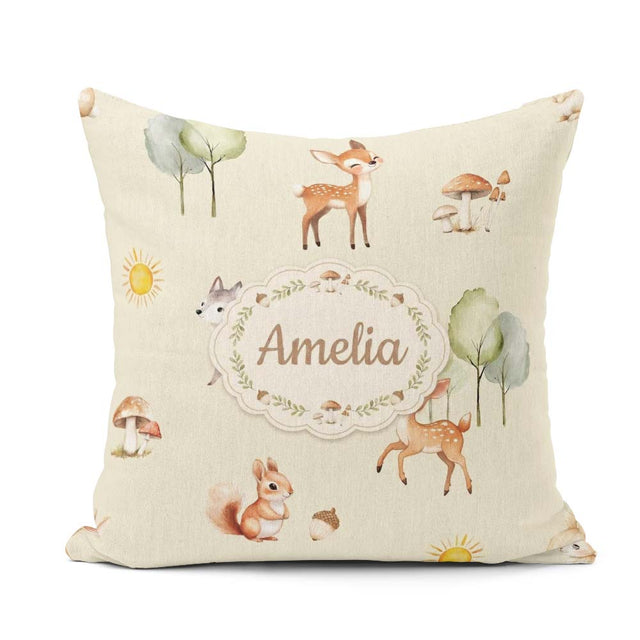 Custom Name Woodland Deer Fox Mushroom Seamless Pattern on Cream Square Filled Cushion Throw Pillow Sofa Bed Home Decor Zip Washable UK Made