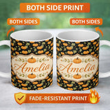 Personalized Custom Name Autumn Pumpkins and Leaves on Dark Background Seamless Pattern Name 11oz Ceramic Coffee Tea Mug White Large Handle