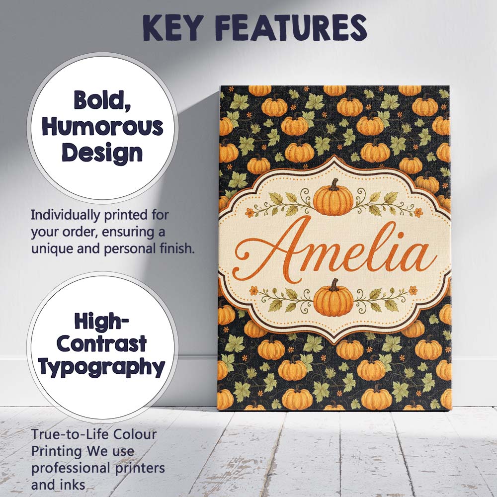 Personalised Name Autumn Pumpkins and Custom Modern Room Accent Creative Decorator Style Canvas Wall Art Print Decor Picture Ready to Hang