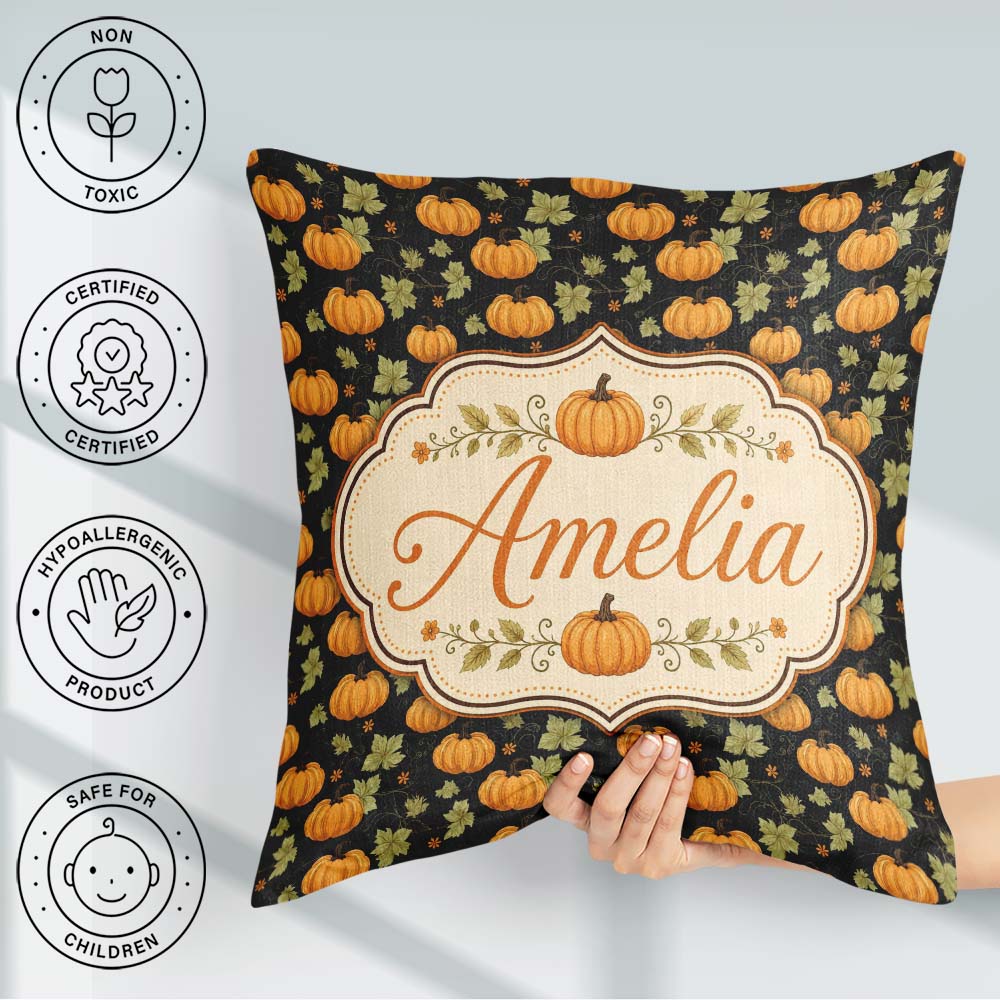 Custom Name Autumn Pumpkins and on Dark Background Seamless Name Square Filled Cushion Throw Pillow Sofa Bed Home Decor Zip Washable UK Made