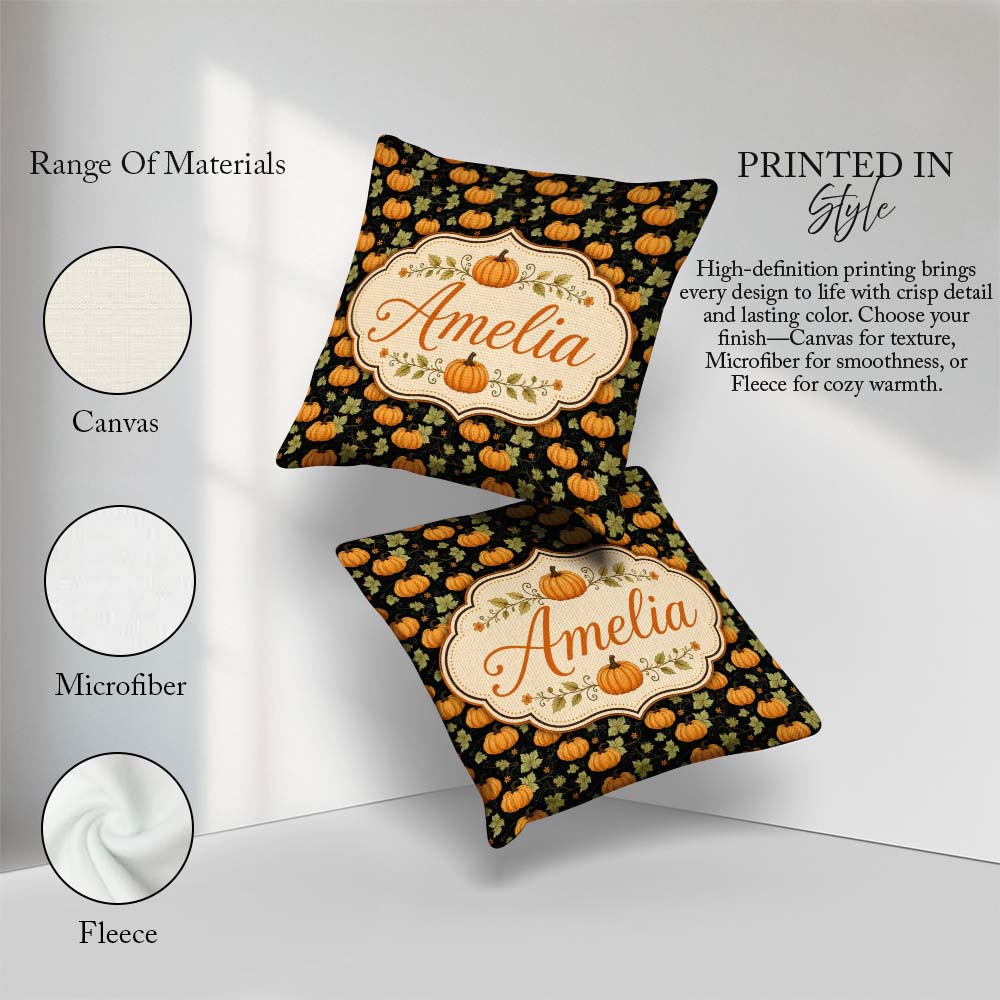 Custom Name Autumn Pumpkins and on Dark Background Seamless Name Square Filled Cushion Throw Pillow Sofa Bed Home Decor Zip Washable UK Made